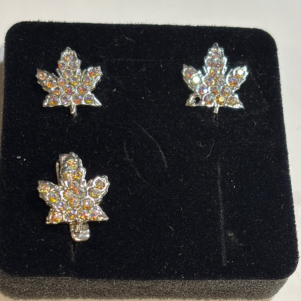Vintage Elegant Silver Leaf Earrings with matching broach